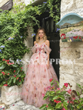 Pink Floral Off The Shoulder Tulle A Line Prom Dress