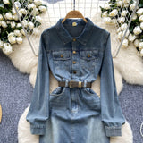 Belted Waist Long Sleeves Denim Shirt Dress