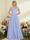 Chiffon Tassel Blue Cap Sleeve Prom Dress With Slit