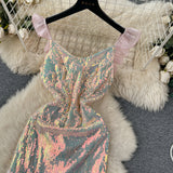 Pink Tulle Skirt Overlay Holographic Sequin Dress