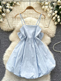 Gathered Waist Voluminous Hem Pale Blue Strappy Dress