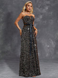 Sparkle Sequin Belt Sheer Waist Black Prom Dress