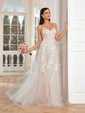 V Neck Backless Appliques Champagne Lace Wedding Dress