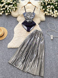 Silver Two Piece Ruched Crop Top Pleated Maxi Skirt