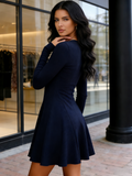 Long Sleeve Crew Neck Ribbed Knit Fit Flare A Line Dress