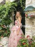Pink Floral Off The Shoulder Tulle A Line Prom Dress
