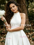 Halter Satin A Line High Low Wedding Dress With Slit