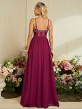 A Line Sheer Lace Burgundy Chiffon Prom Dress With Slit