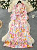 Tie Waist Stylish Cuffs Floral Patterned Long Dress