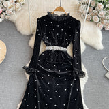 Ruffled Pearls Black Velvet Dress