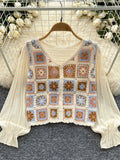 Puffy Long Sleeves Retro Motifs Crochet Patchwork Blouse