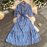 Blue Belt Striped Midi Shirt Dress