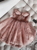 Pearls Champagne Tulle Short Homecoming Dress