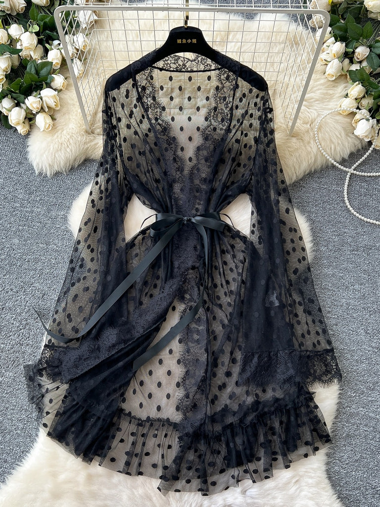 Sheer Black Polka Dot Lace Robe – Sassymyprom