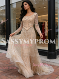 Beading Long Sleeves Tulle Champagne Trumpet Mermaid Prom Dress