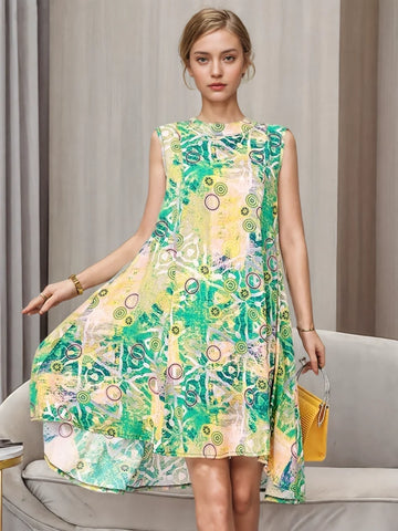 Green Whimsical Artistic Patterns High-Low Dress