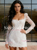 Short Mini Sparkle Lace Long Sleeve Wedding Dress