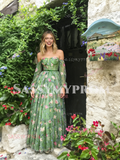 Green Off The Shoulder Floral Tulle A Line Prom Dress