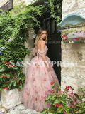 Pink Floral Off The Shoulder Tulle A Line Prom Dress