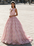 Pink Heart Pearls Keyhole A Line Jewel Tulle Prom Dress