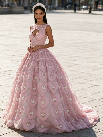 Pink Heart Pearls Keyhole A Line Jewel Tulle Prom Dress