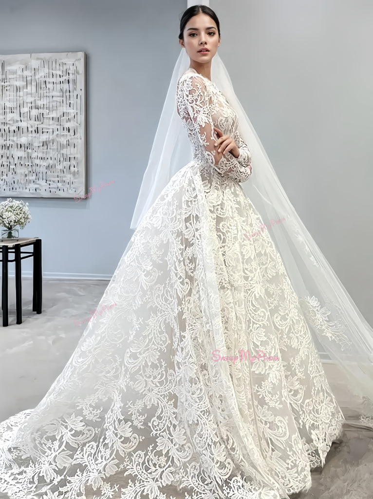 A-Line Jewel Tulle Wedding Dress with Lace Elegant Short Sleeves main image 0