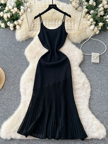 Pleated Skirt Black Summer Maxi Dress