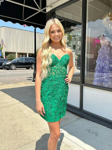 Green Lace Short Strapless Beading Homecoming Dress
