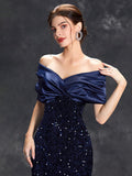 Trumpet Mermaid Navy Off The Shoulder Sequin Prom Dress