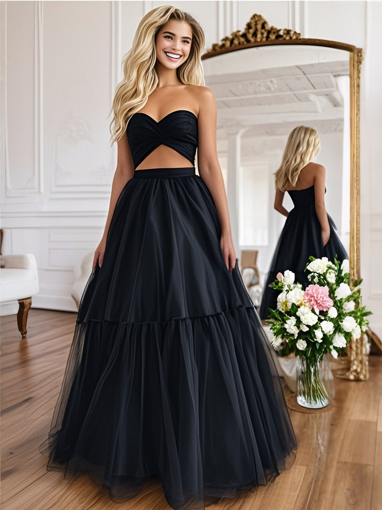 Prom Cut Out Cut Out Layer Black Strapless Tulle Prom Dress – Sassymyprom
