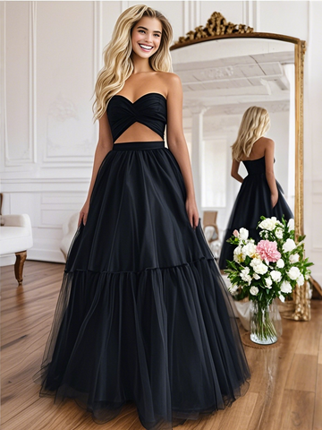 Cut Out Layer Black Strapless Tulle Prom Dress