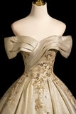 Off The Shoulder Appliques Ball Gown Gold Prom Dress