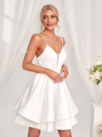 White Short Mini Satin A Line Wedding Dress