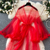 Elegant Feather Flowing Red Tulle Robe