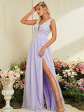 Backless V Neck Lavender Lace Appliques Prom Dress With Slit