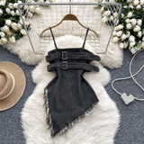 Fringed Edges Adjustable Straps Denim Buckle Top