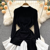 Contrasting White Ruffles  Black Knit Dress