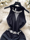 Black Halter Neck Crystal Embellishments Mini Dress