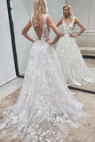 V Neck White Lace Appliques Wedding Dress