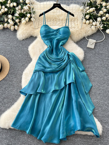 Flowing Layers Heart Necked Blue Evening Dress