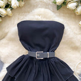 Belt Ruffles Black Strapless Short Mini Dress