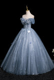 Off The Shoulder Tulle Butterfly Blue Sequin Prom Dress