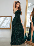 Backless Green Sequin A Line Prom Dress With Slit