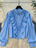 Blue Long Sleeve Ruffles Striped Shirt