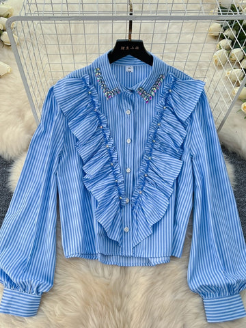 Blue Long Sleeve Ruffles Striped Shirt