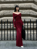 Burgundy Off Shoulder Ruched Mesh Long - Sleeve Maxi Dress