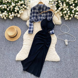 Cropped Plaid Jacket Fitted Silhouette Maxi Dress