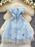 Delicate Flowers Blue Tulle Mini Dress