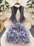 Sparkling Sequins Fluffy Feathers Backless Purple Party Dress