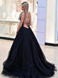 Black Lace V Neck Long A Line Prom Dress